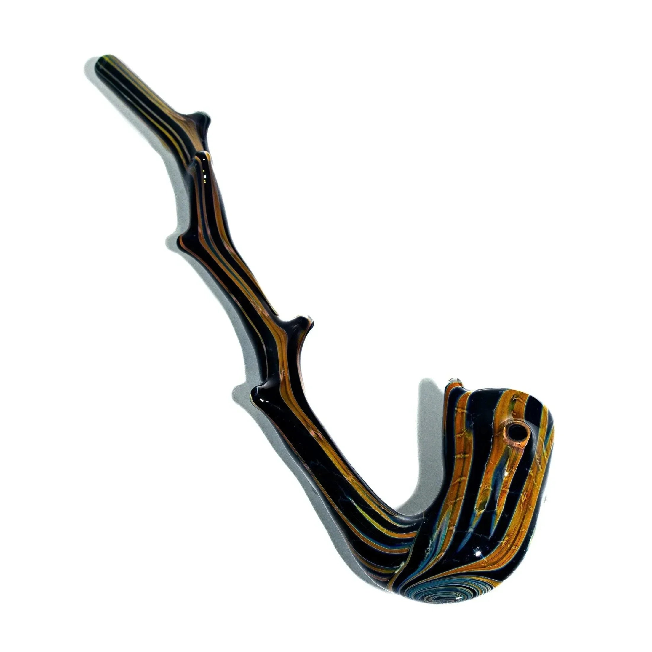 Colorful glass pipe shaped like a twisted branch with swirled brown and blue patterns