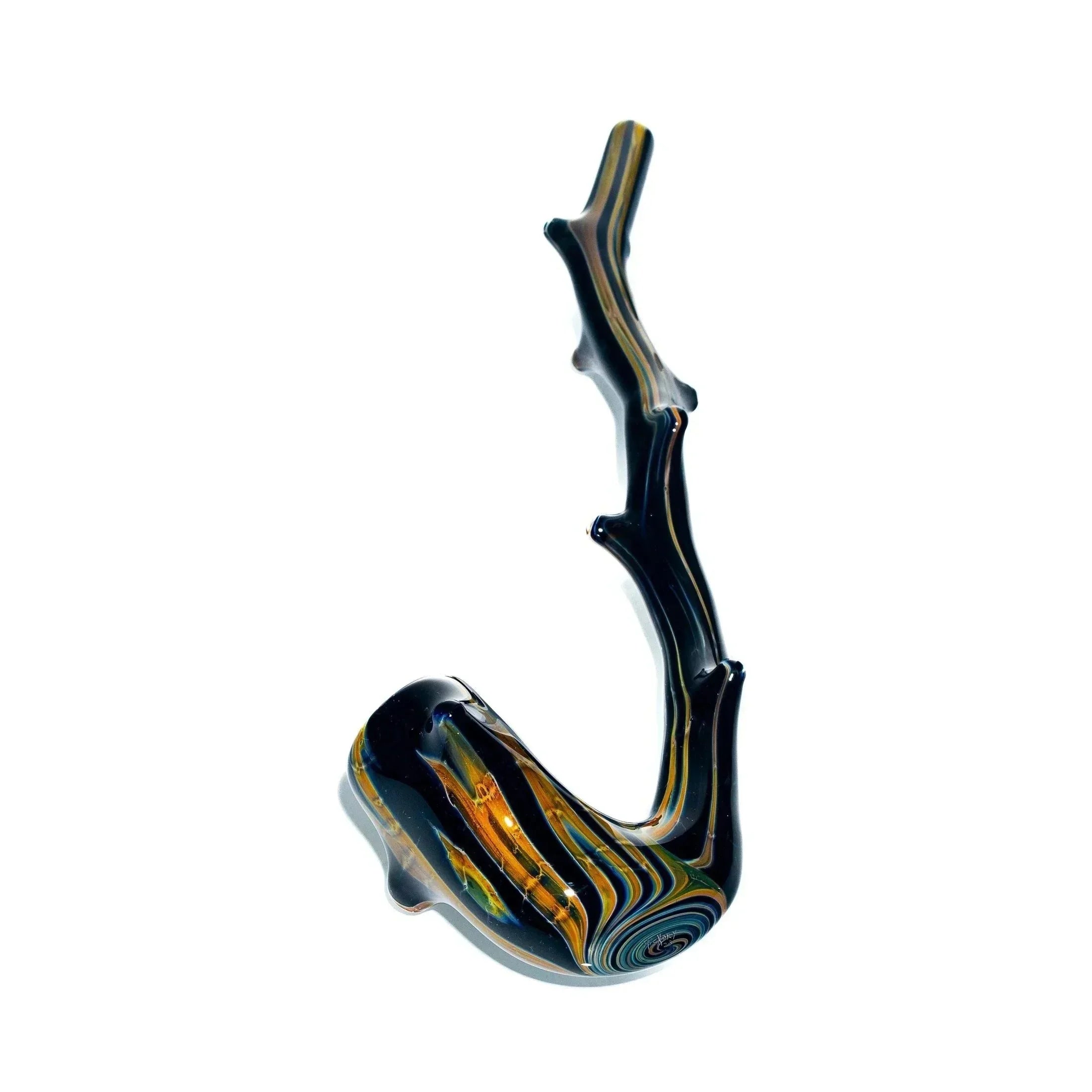 Hand-blown glass pipe with burnt hickory pattern and nubby stem on white background.