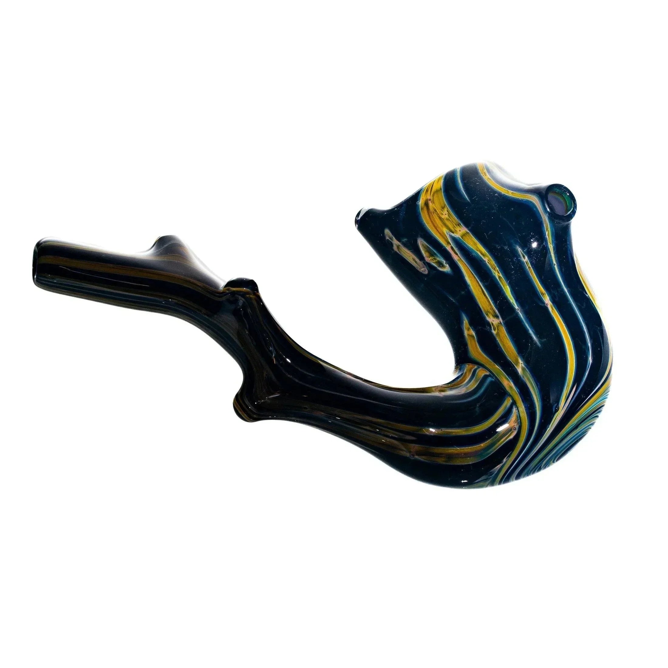Handcrafted glass sherlock pipe with blue and yellow swirls, isolated on white background.
