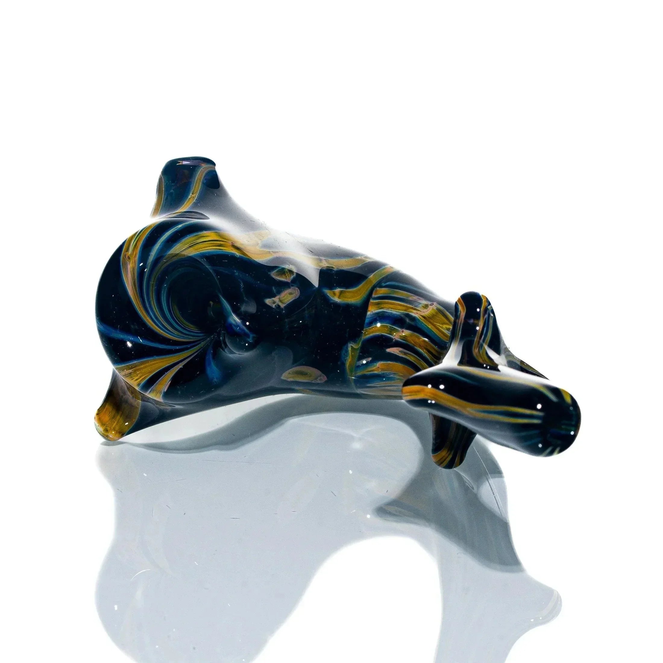 Colorful hand-blown glass Sherlock pipe with swirling blue and amber design on white background