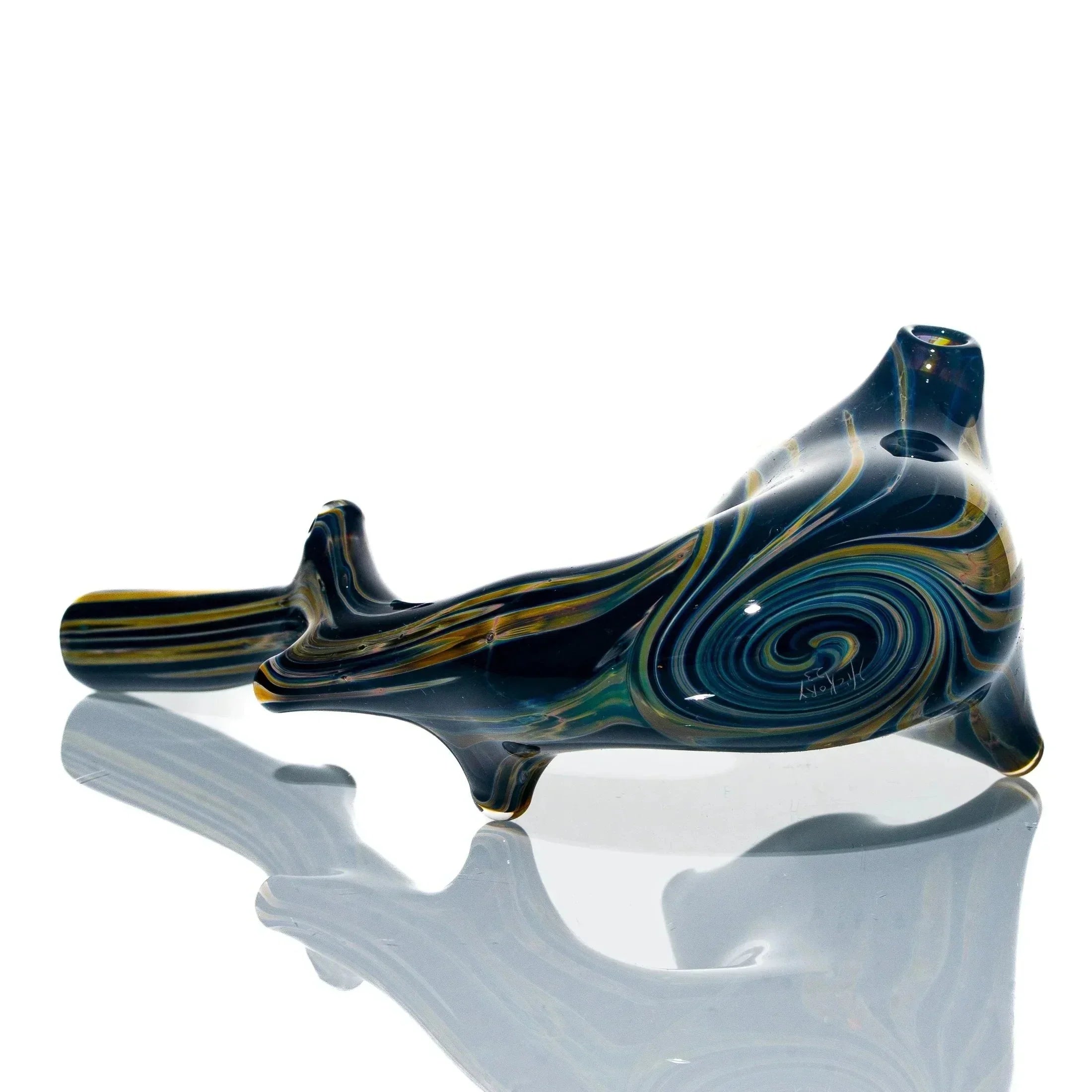 Hand-blown glass sherlock pipe with blue, yellow, and green swirl design on white background