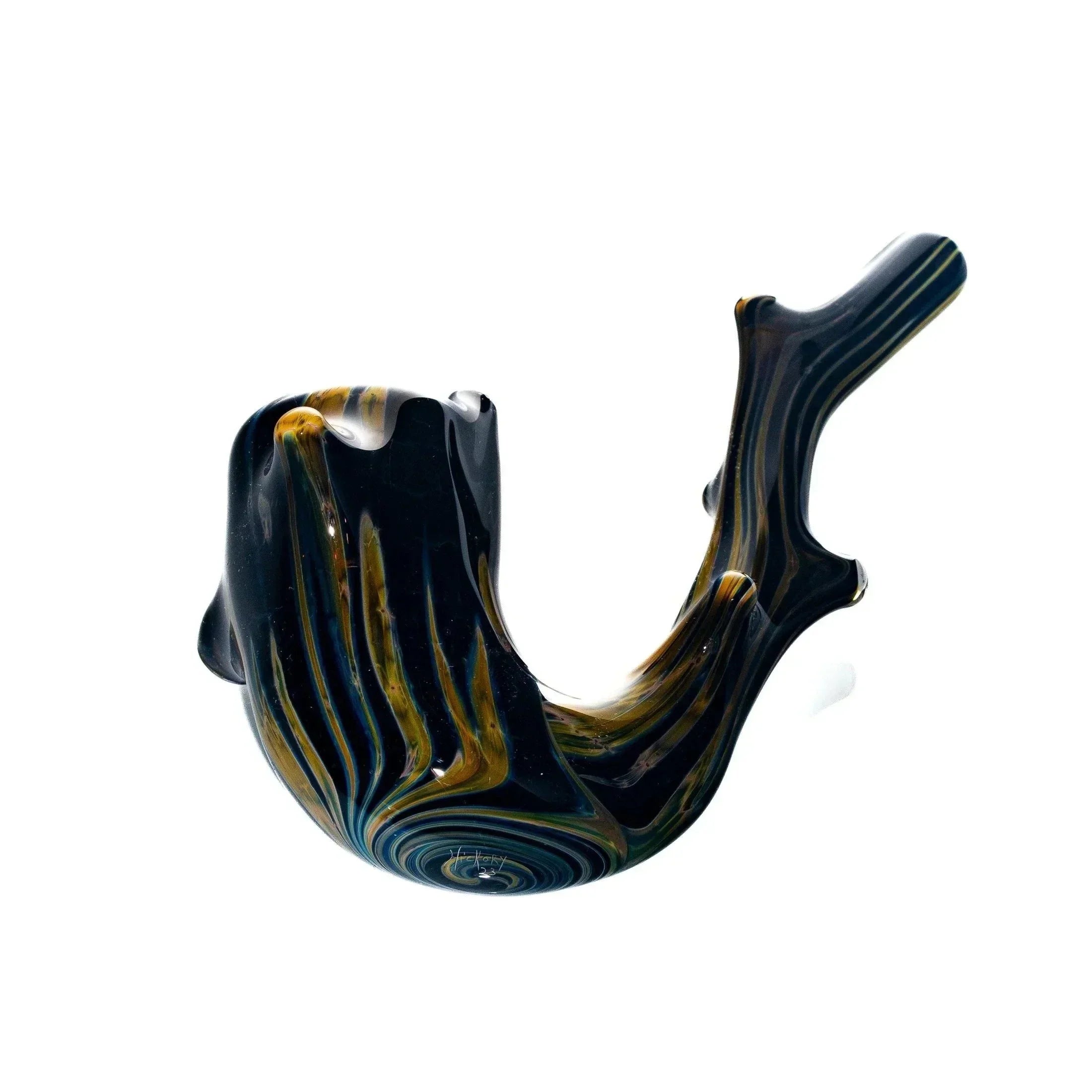 Colorful glass Sherlock pipe with marbled black, yellow, and blue swirls on white background