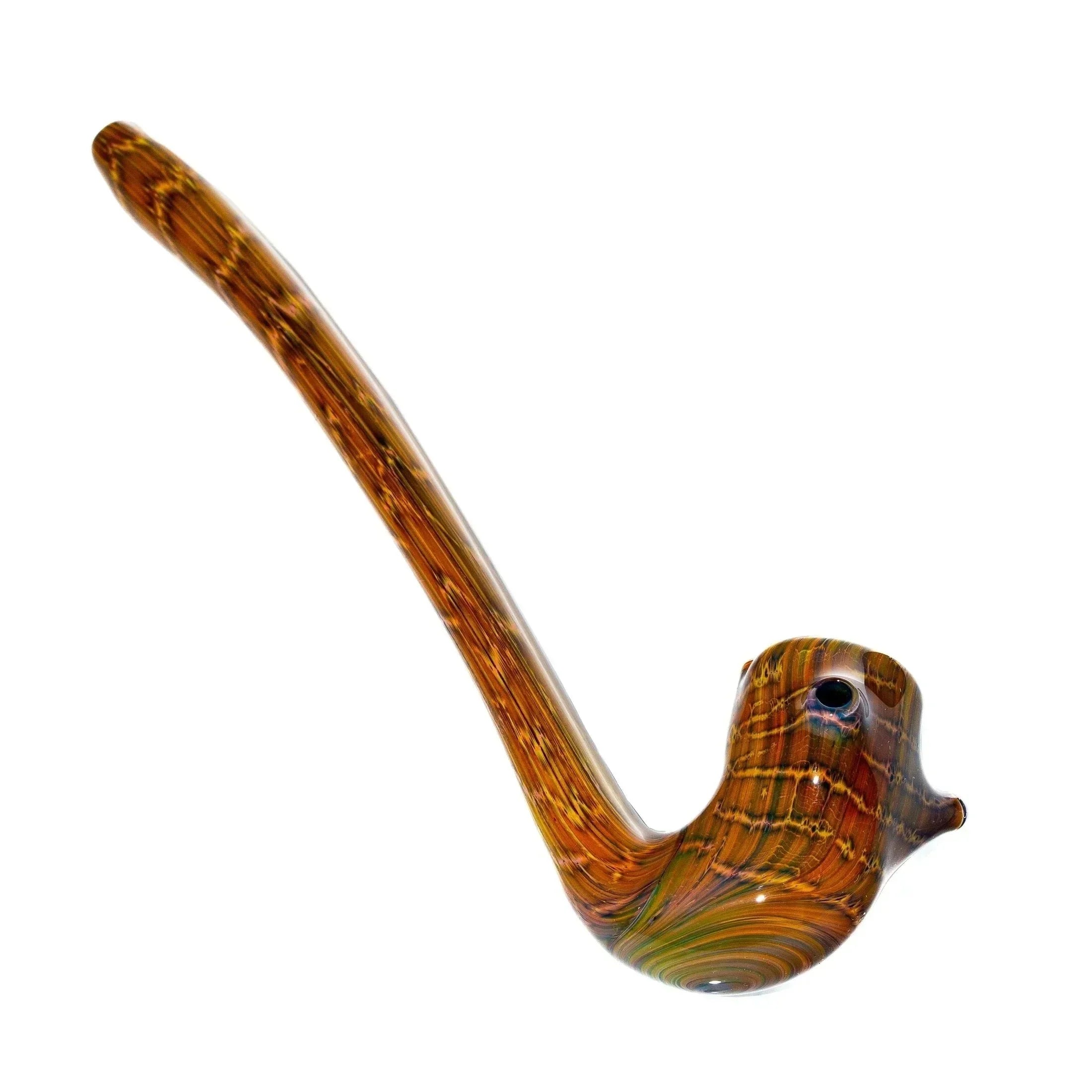 Hand-blown glass smoking pipe with a long stem and brown hickory swirl design