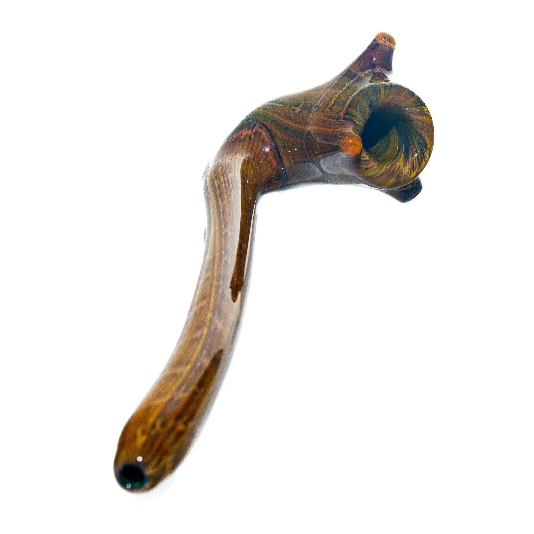 Brown glass hobbit-style smoking pipe with woodgrain pattern on white background