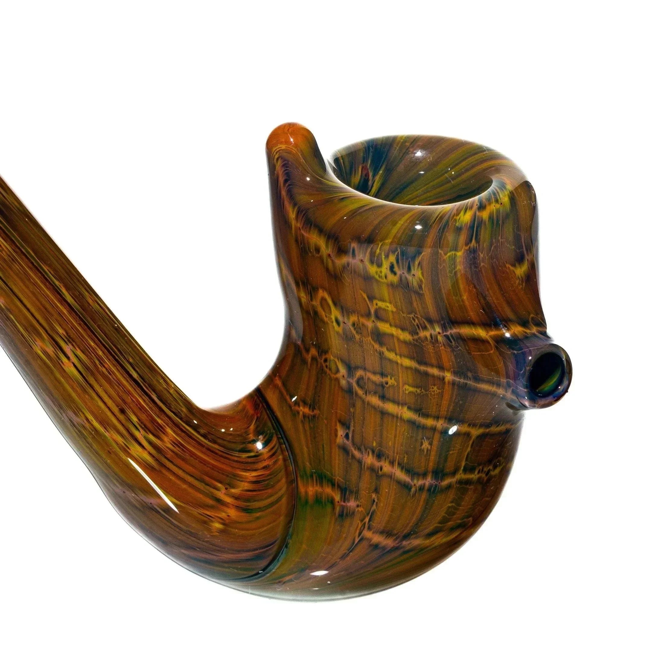 Hand-blown glass pipe with swirled brown and green colors, classic curved shape