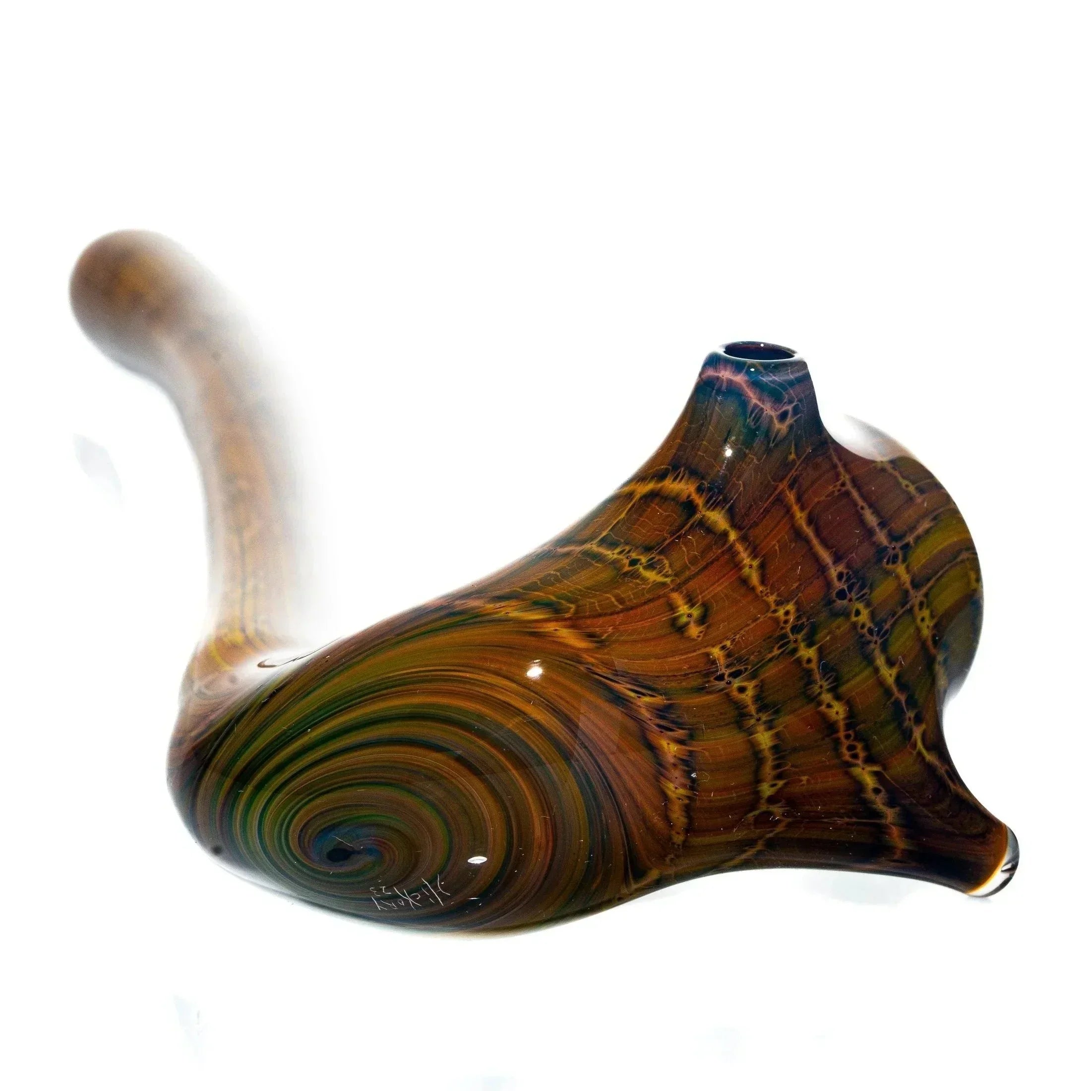 Handmade glass hobbit pipe with swirling brown and green patterns on white background