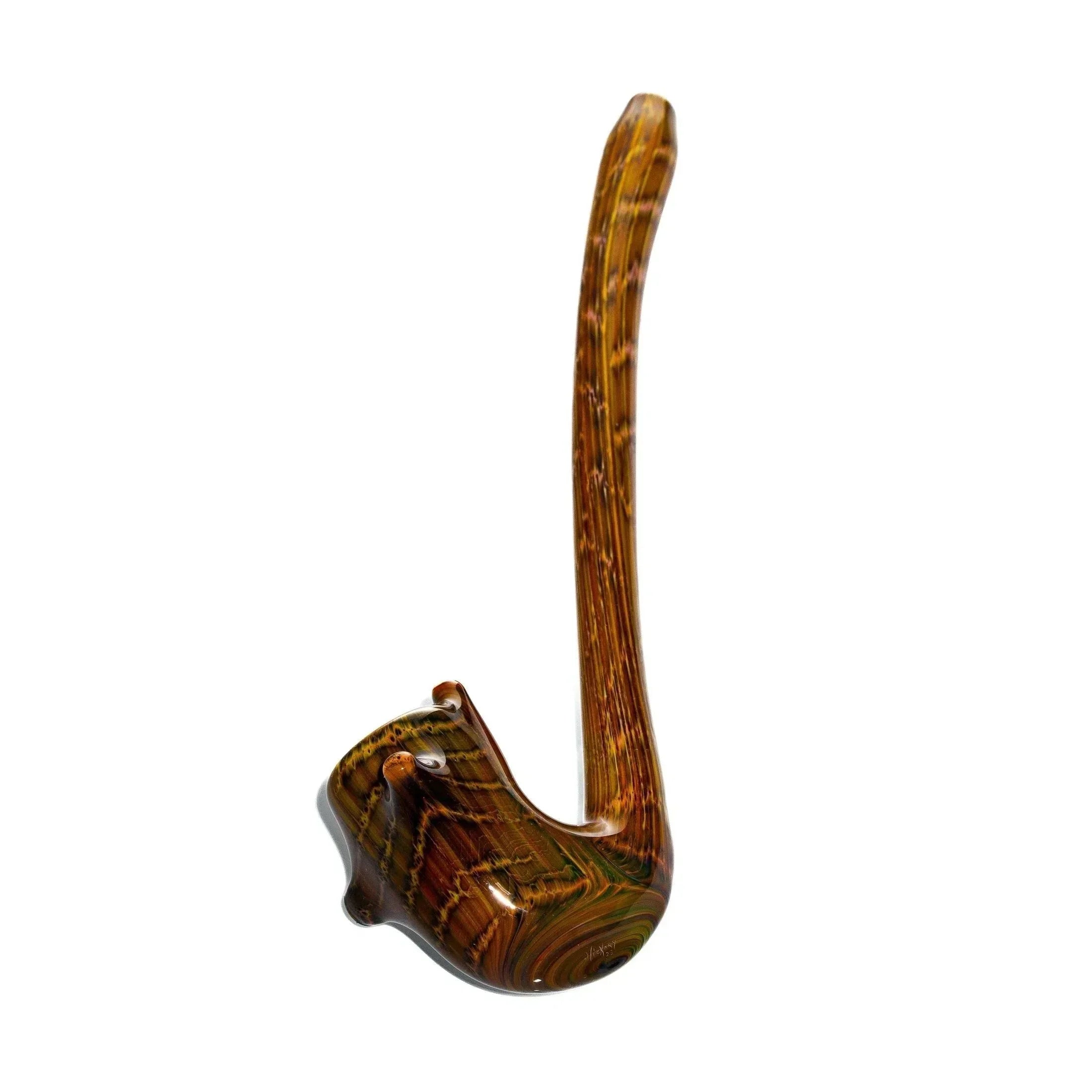 Hickory glass smoking pipe with long curved stem and woodgrain pattern on white background