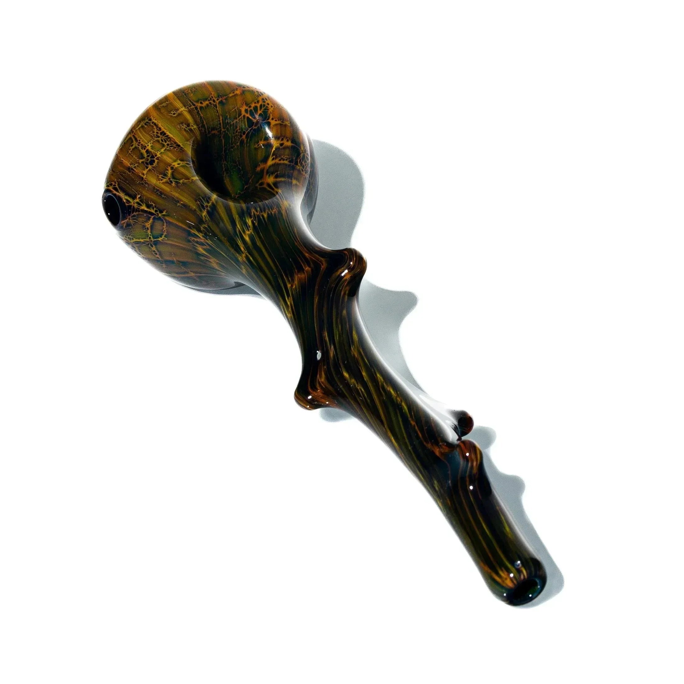 Hand-blown glass pipe with a hickory branch design and deep bowl, displayed on white background.