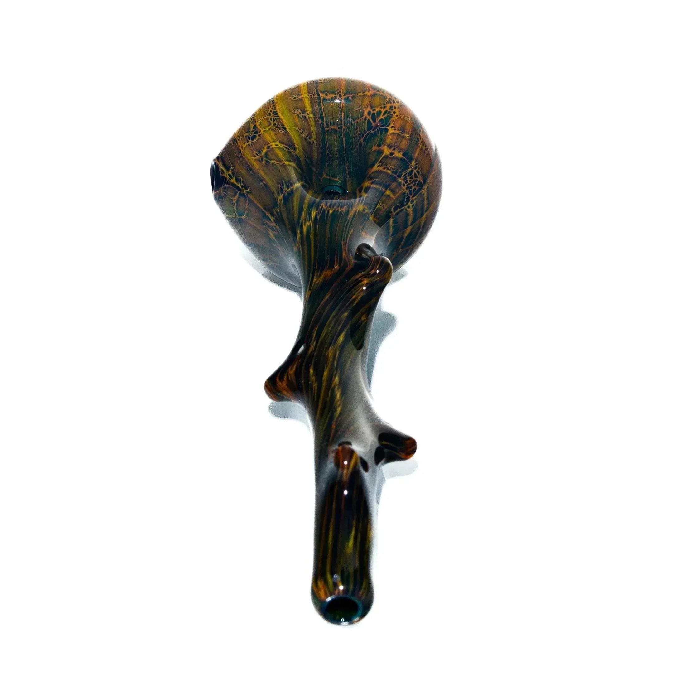 Glass hand pipe with hickory wood-inspired design and long branch handle on white background