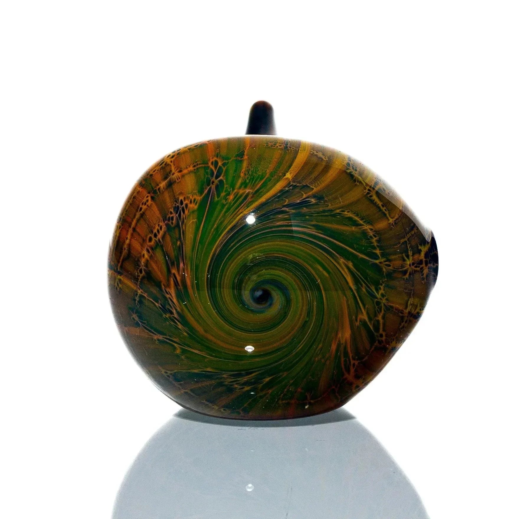 Handcrafted glass pipe with a spiral green and brown design on a white background