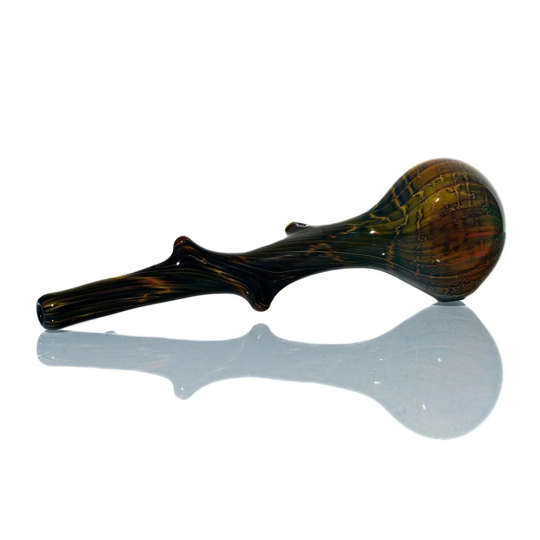 Glass hand pipe shaped like a wood branch with a round bowl, displayed on a white background.