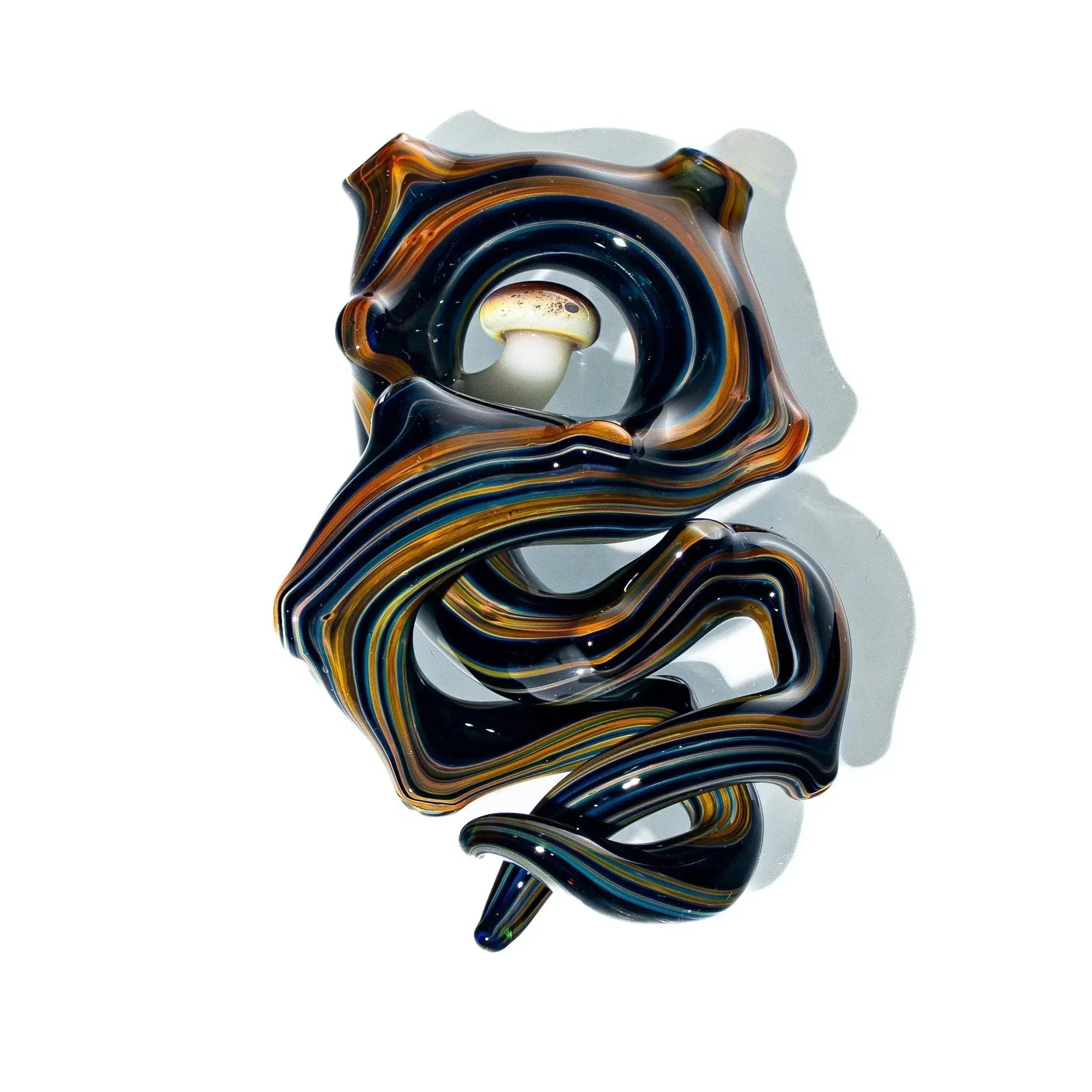Handblown glass pendant with swirling blue, yellow, and orange stripes, mushroom accent