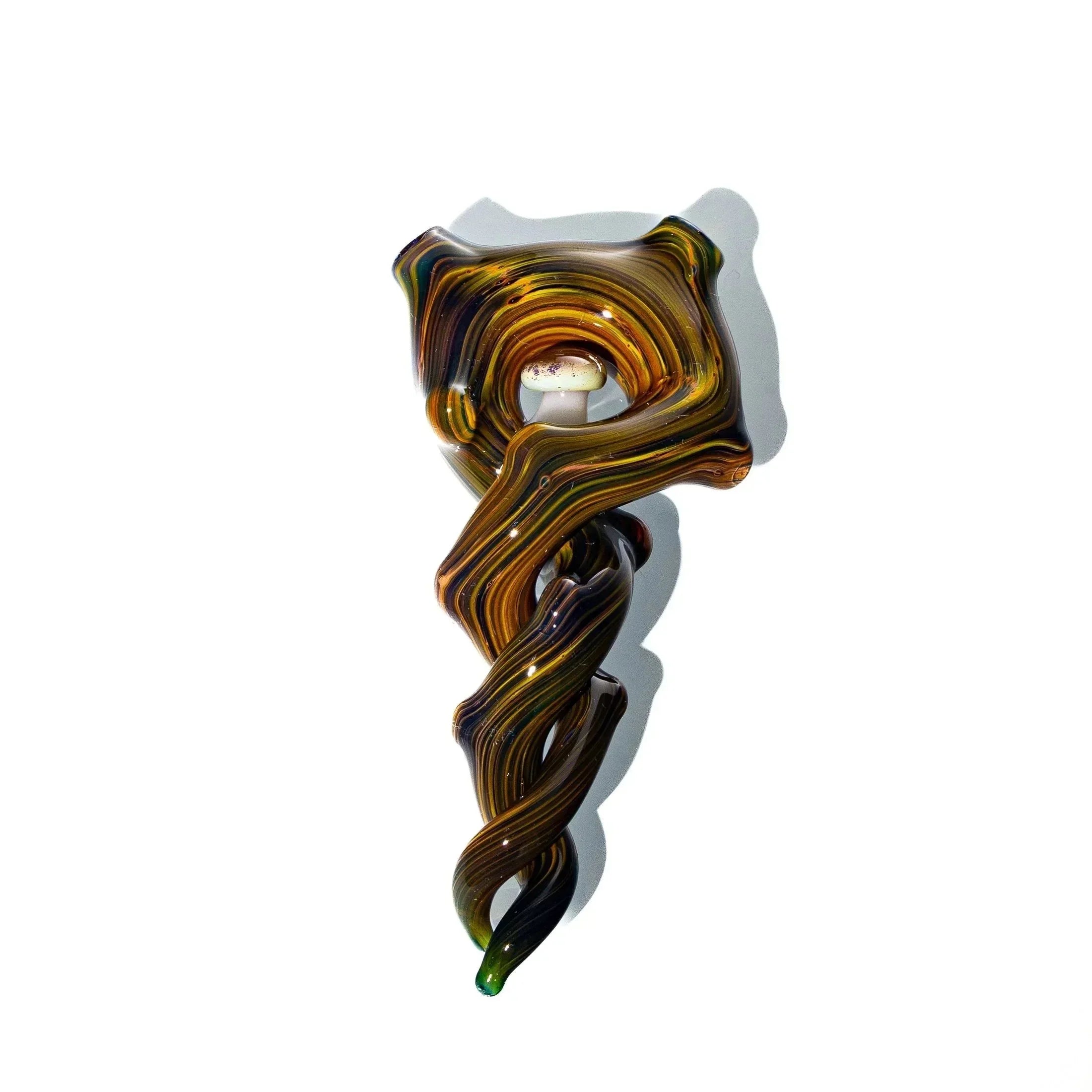 Handcrafted hickory glass pendant with intricate swirled brown and gold design on white background.