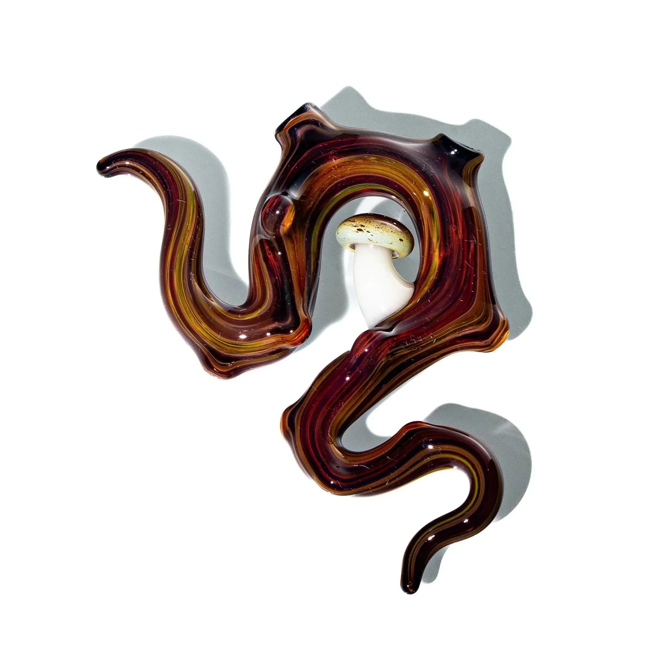 Hand-blown glass pendant with swirling hickory brown design and mushroom accent