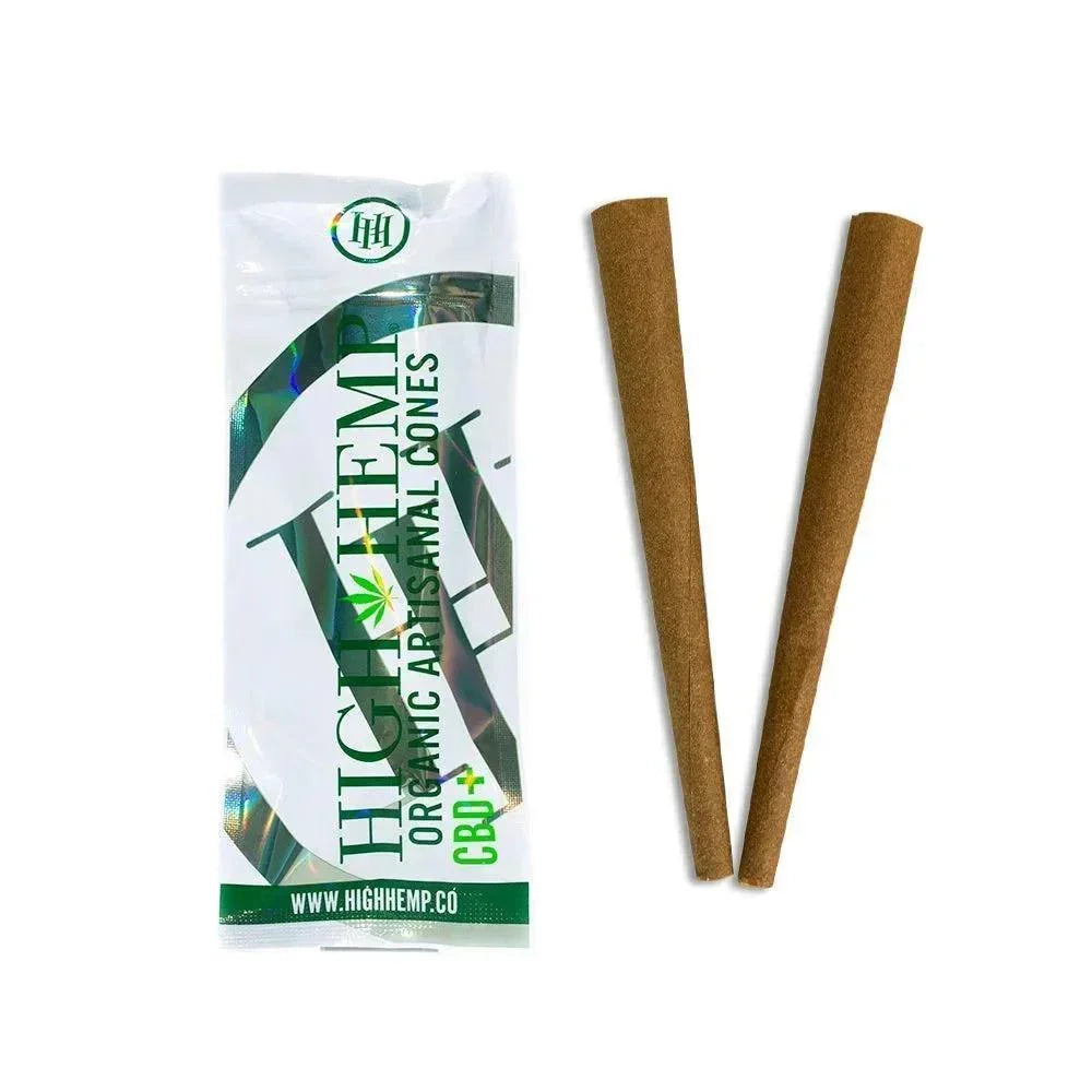 High Hemp organic CBD+ pre-rolled cones with two brown paper cones and branded packaging