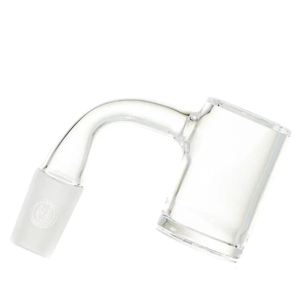 Clear quartz banger nail with 90-degree angle and frosted joint for dab rigs or water pipes