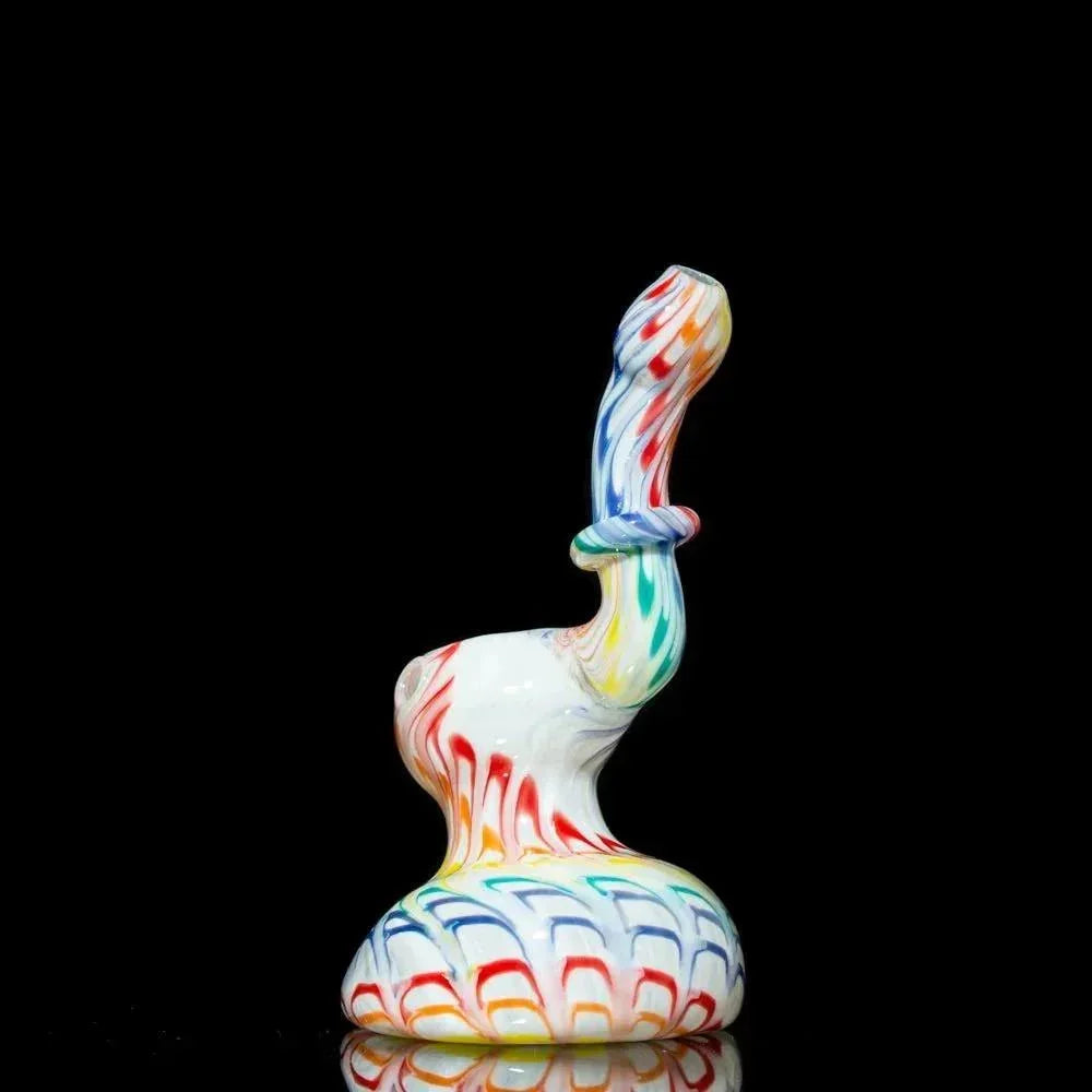 Colorful hand-blown glass pipe with rainbow swirls and textured base, perfect for heady glass collectors