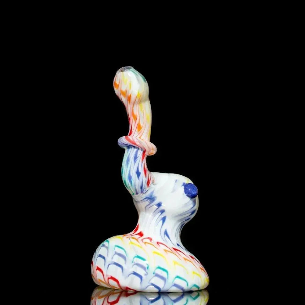 Colorful heady glass pipe with rainbow swirls and blue accent, studio shot on black background