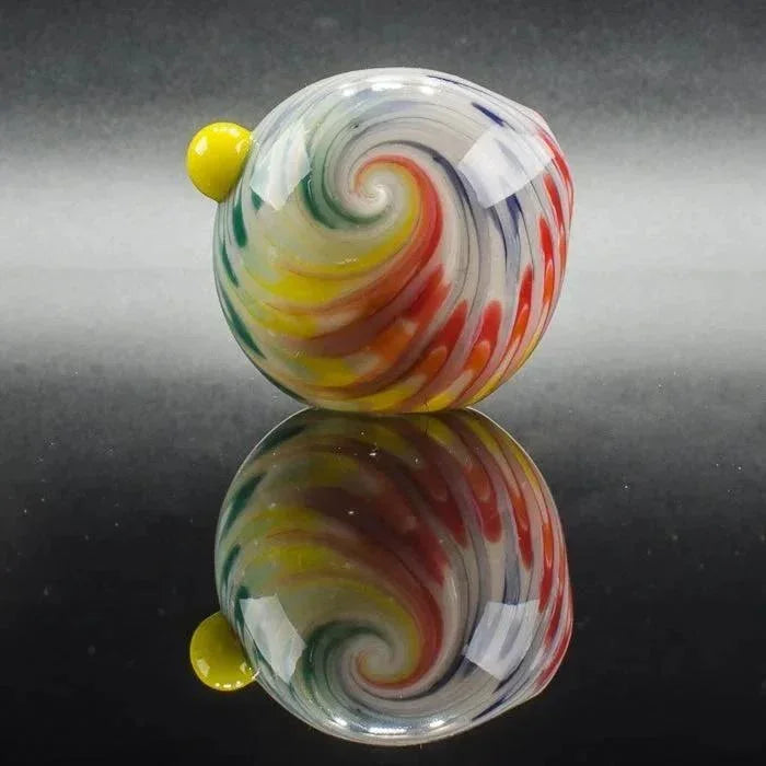 Colorful swirl glass pipe with yellow accent, perfect for heady glass collectors