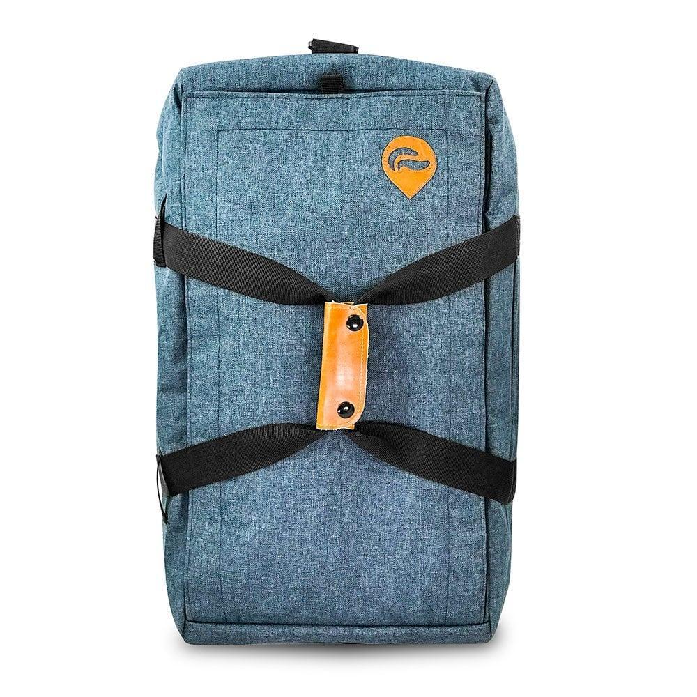 Blue hybrid duffle bag with black straps, leather handle, and front pocket