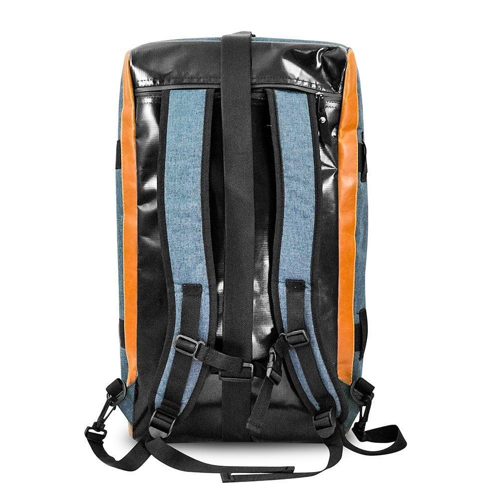 Hybrid duffle bag with backpack straps, blue, black, and orange panel design