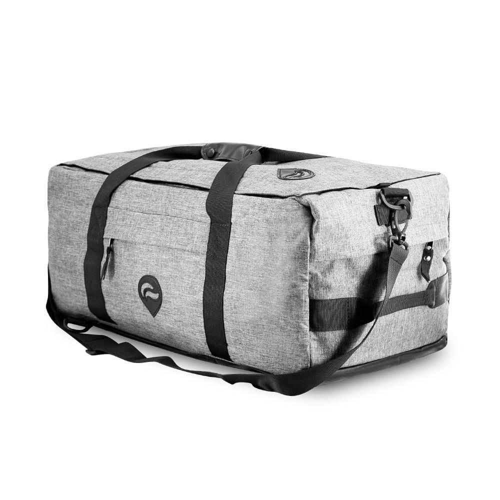 Gray hybrid duffle bag with black straps and adjustable shoulder sling, isolated on white
