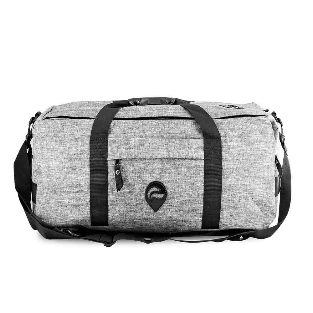 Gray hybrid duffle bag with black straps and front zipper pocket, odor-proof design
