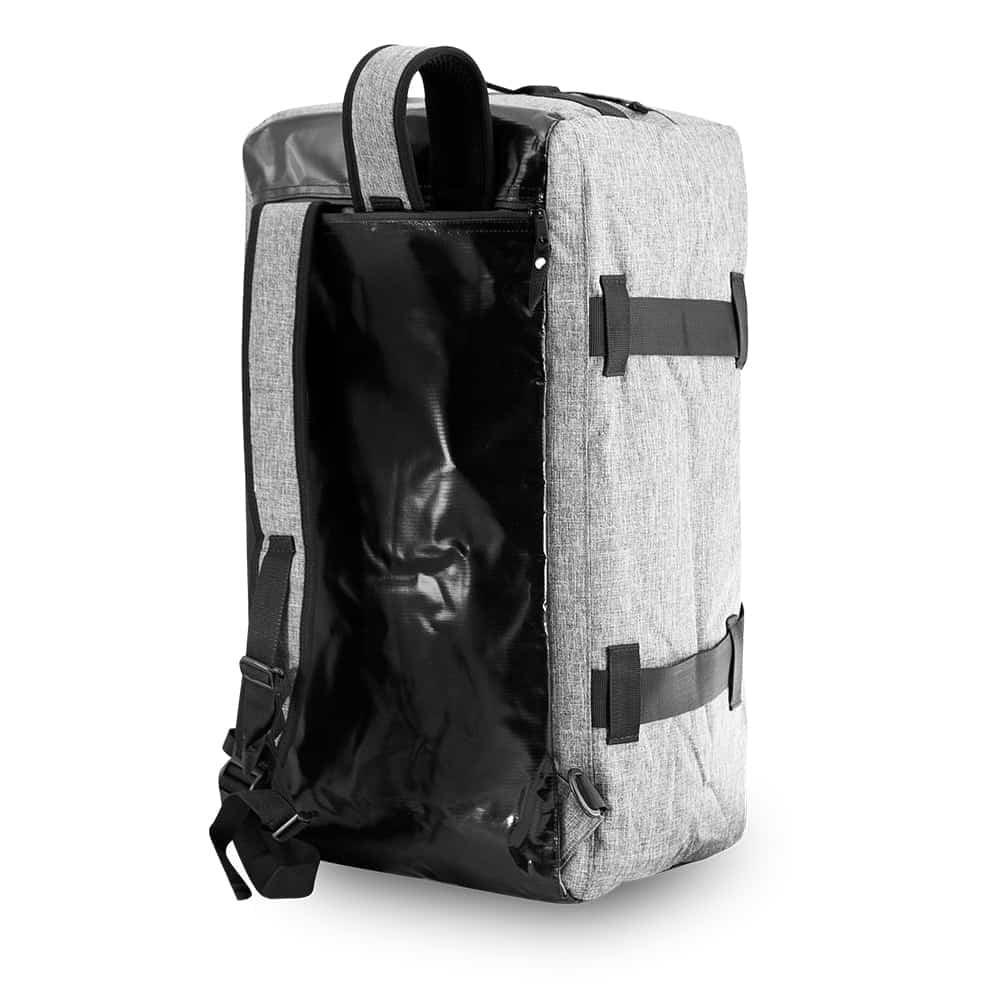 Gray hybrid duffle bag with black waterproof interior, shown upright at an angle