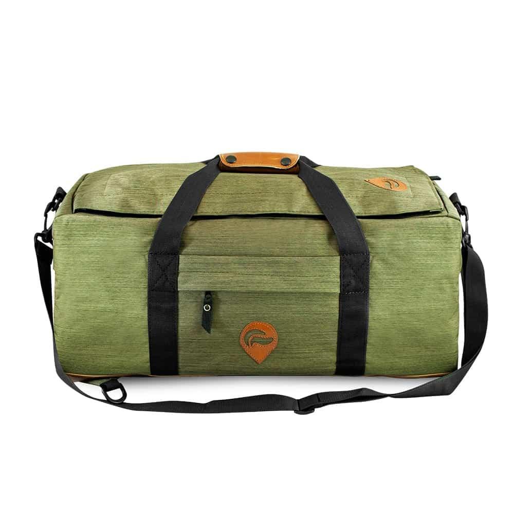 Green hybrid duffle bag with black straps and front pocket, isolated on white background
