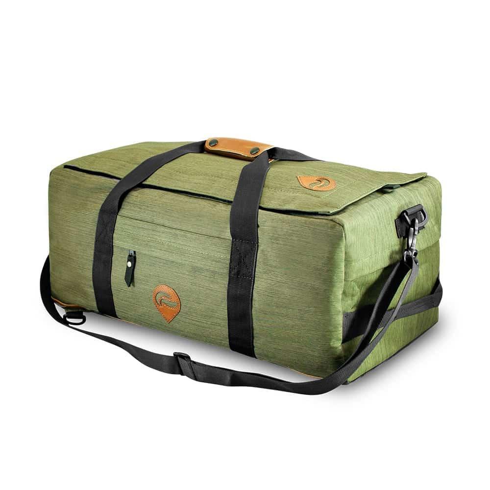 Green hybrid duffle bag with black straps and adjustable shoulder strap on white background