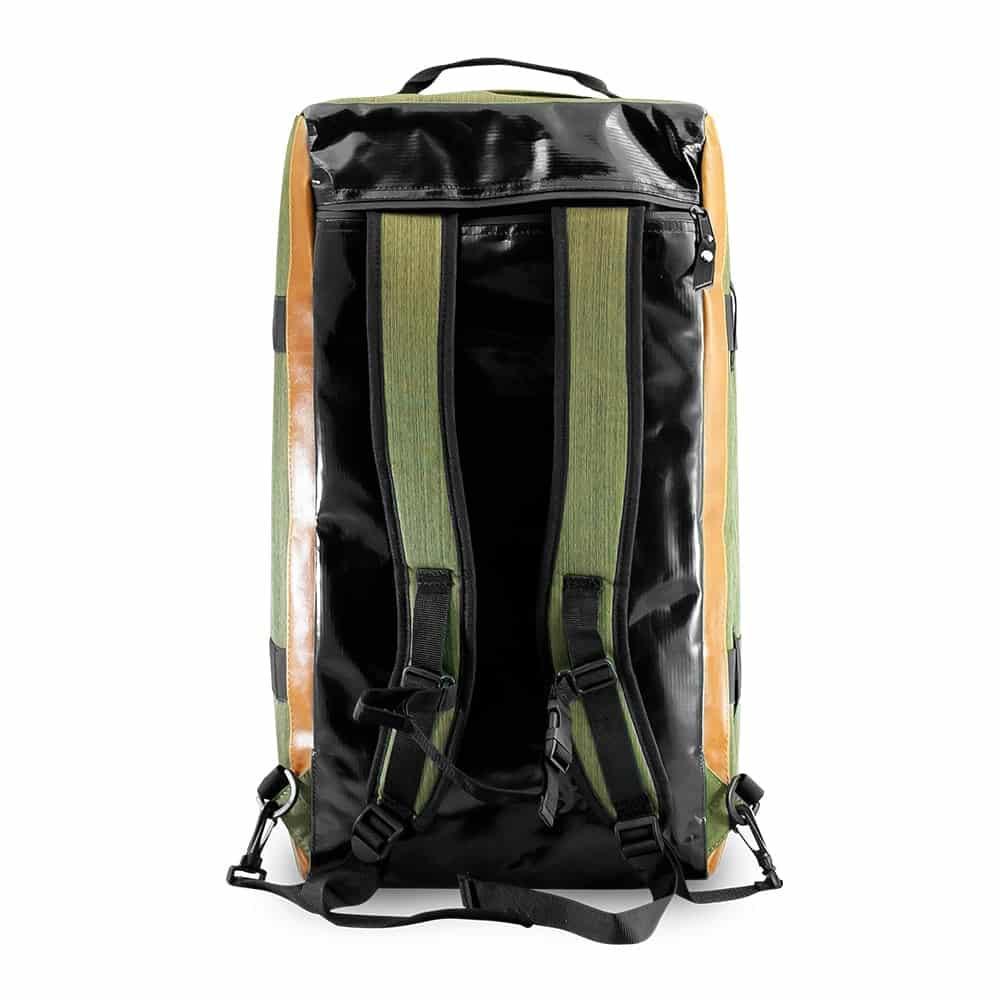Green hybrid duffle bag with backpack straps, black accents, and yellow side panels