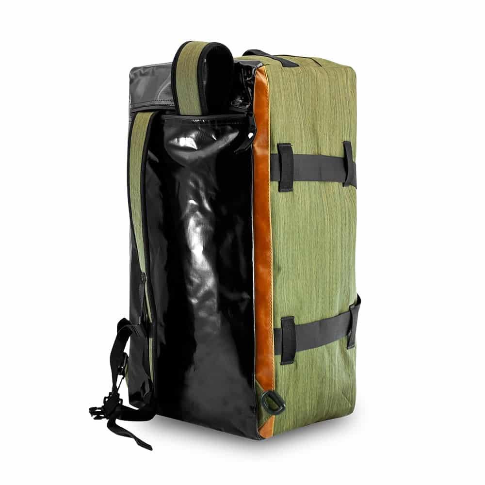 Green and black hybrid duffle bag with backpack straps, vertical back angle view