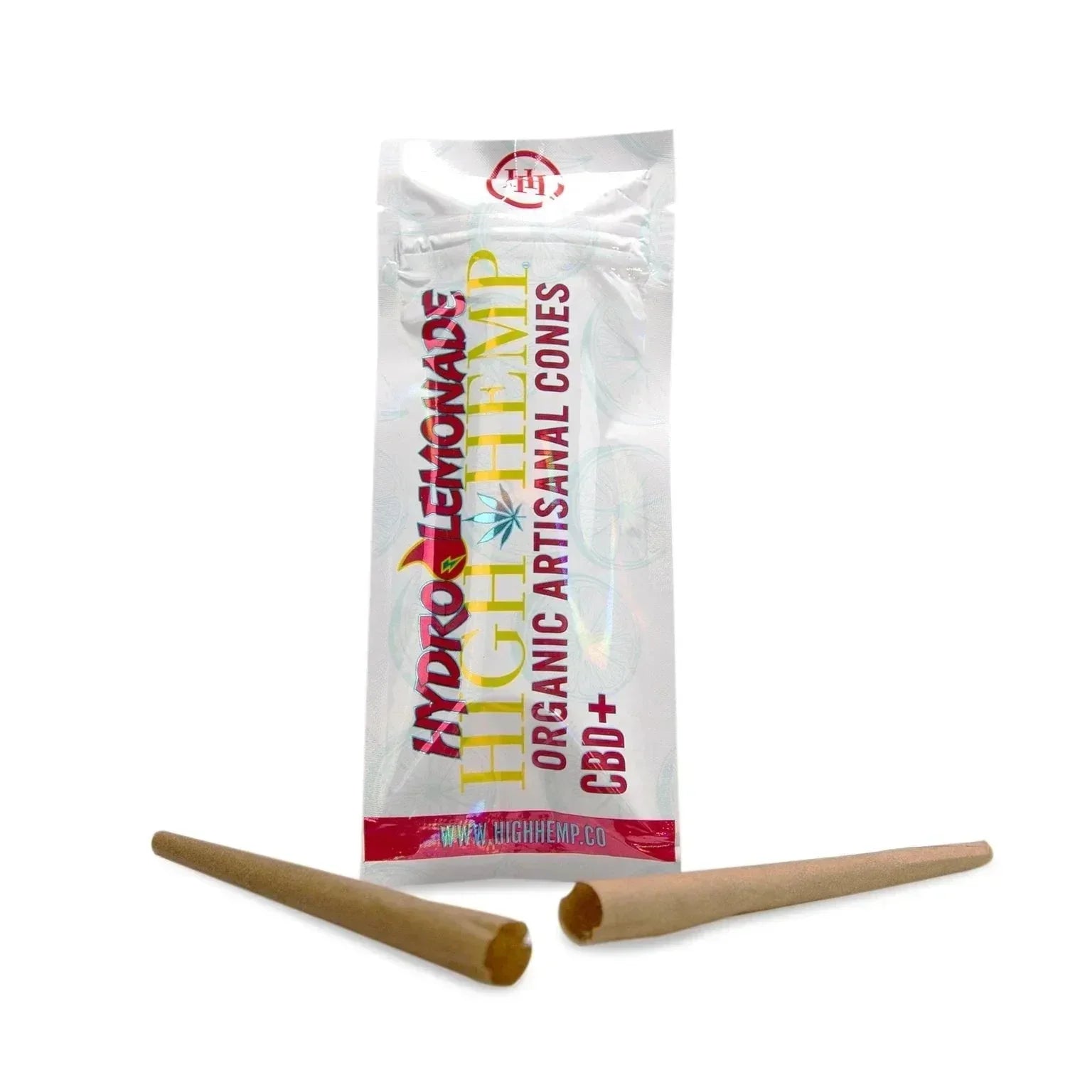 High Hemp Hydro Lemonade organic hemp cones with CBD, two pre-rolled cones in front of packaging.