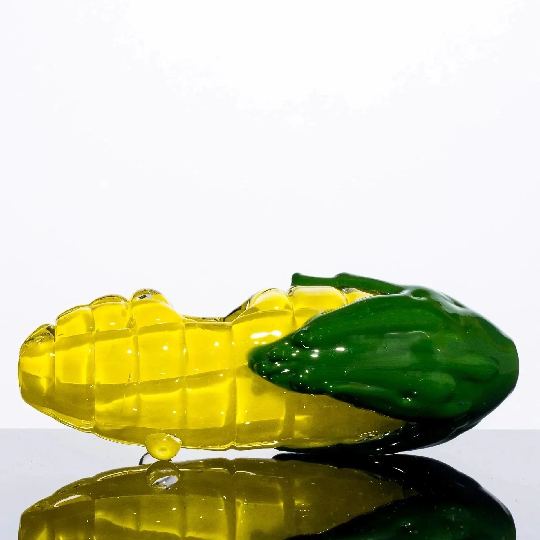 Hand-blown glass corn on the cob pipe with green husk, heady glass art for smoke shop