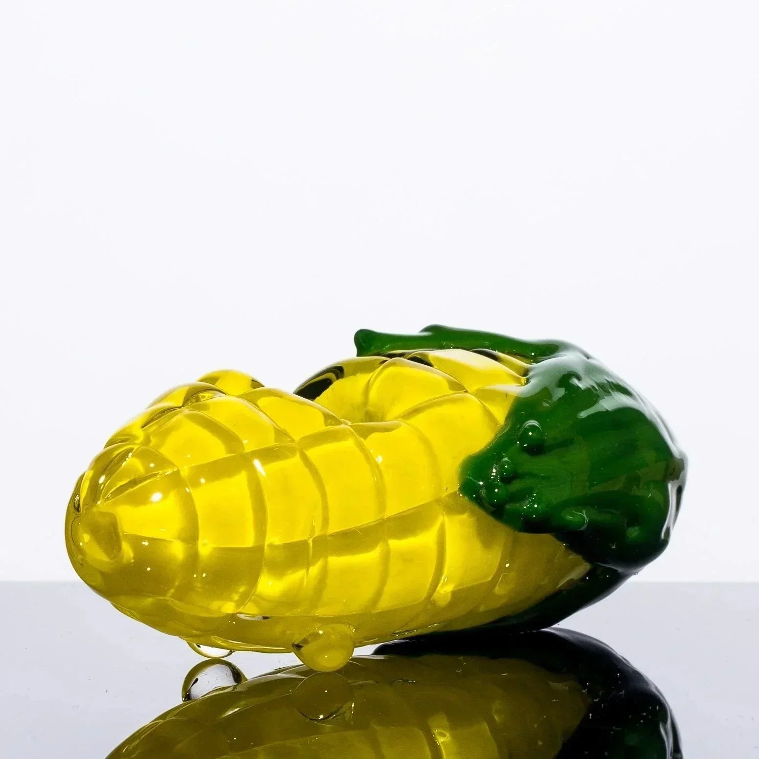 Yellow glass corn cob pipe with green husk, heady glass art for smoking accessories