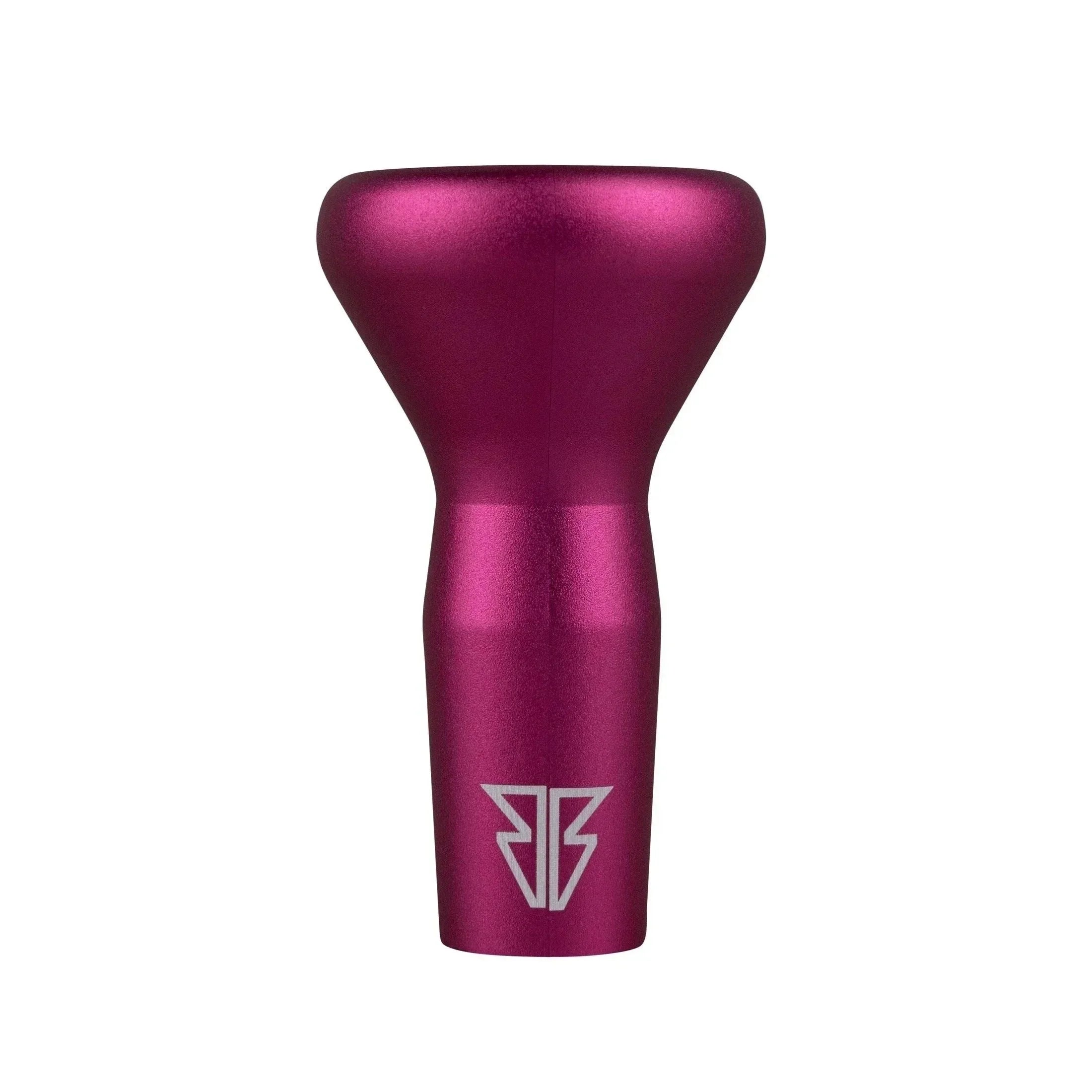 Pink aluminum bowl piece for water pipe with engraved logo on white background