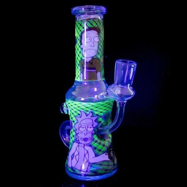 Glowing Rick and Morty themed glass bong with UV reactive green plaid design and character artwork
