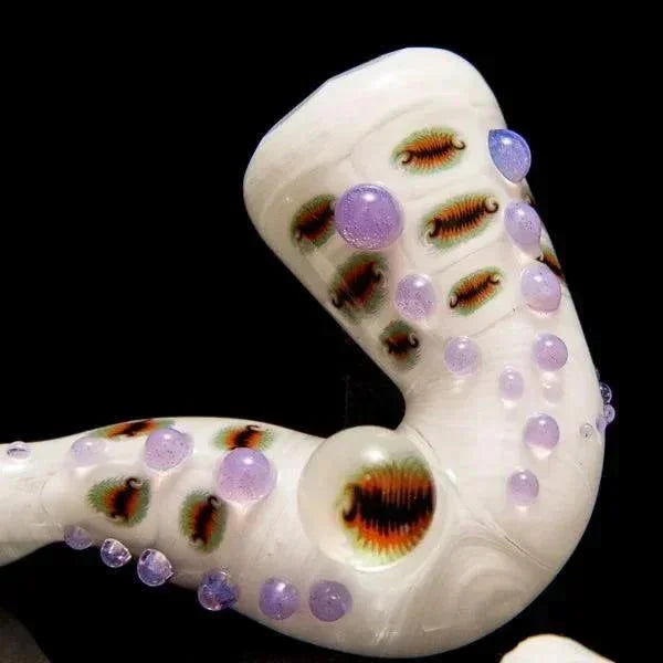 White glass pipe with purple beads and flame accents, heady glass art for smoke shop