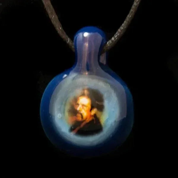 Blue glass pendant with embedded portrait, heady glass art for smoke shop accessories