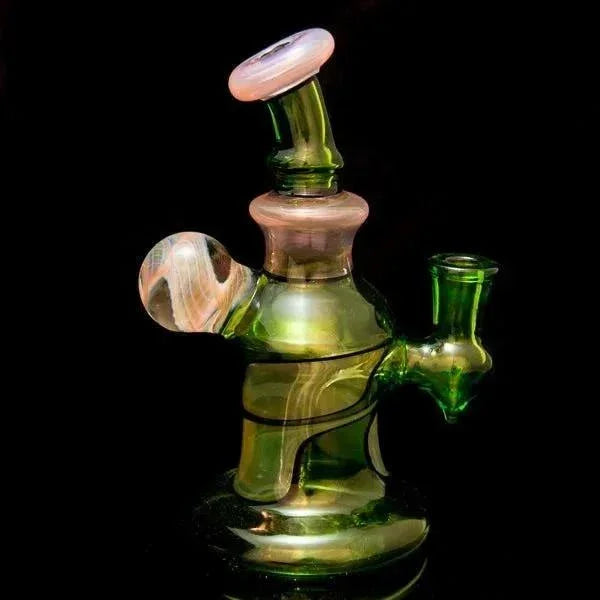 Green and pink swirl glass bong with side carb and bowl, heady glass piece for smoking