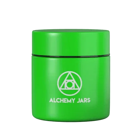 Bright green Alchemy Jars stash container with airtight lid for odor-proof storage