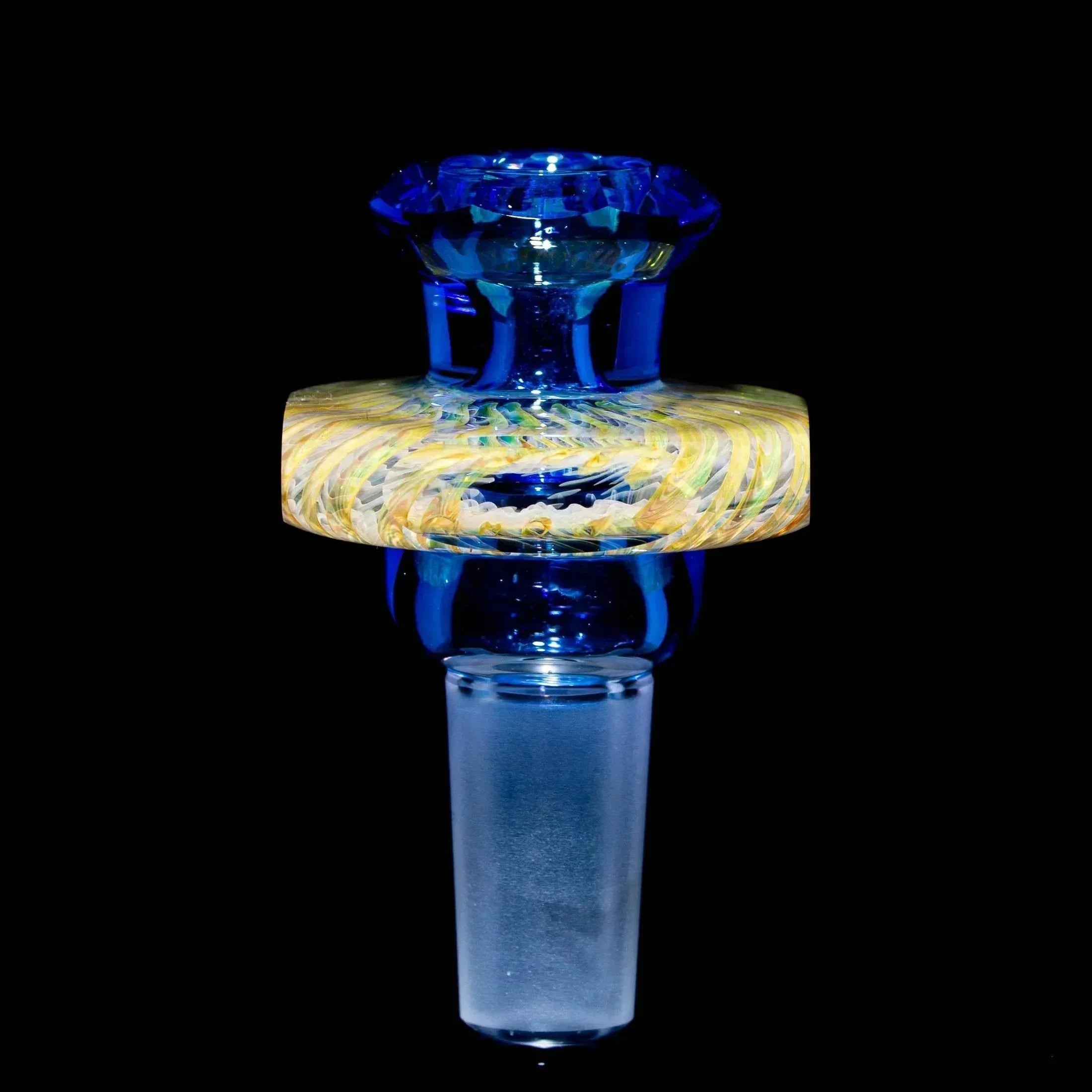 Light cobalt blue glass bowl slide with intricate yellow and clear swirl design, 14mm joint