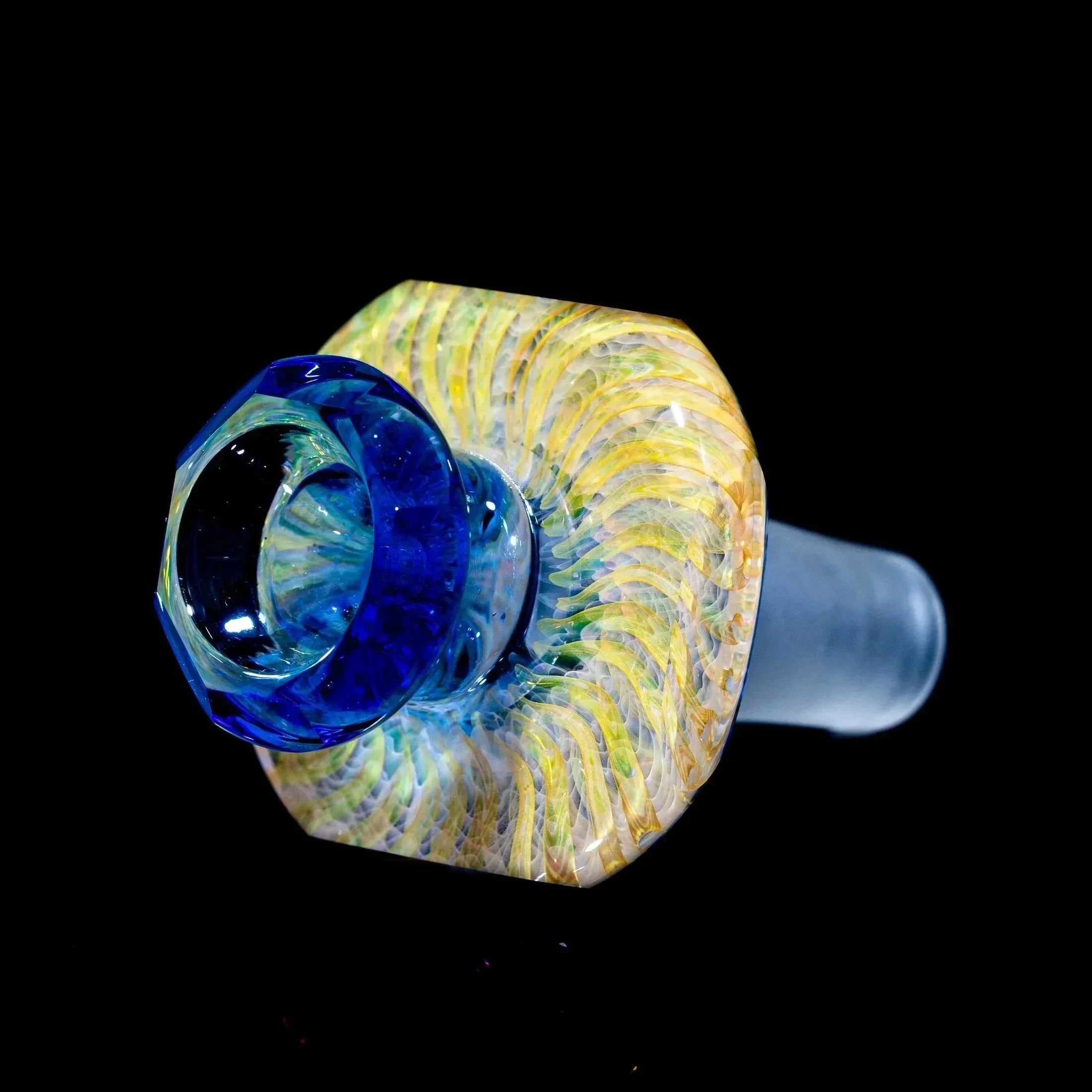 Light cobalt 14mm glass slide with blue bowl and swirling yellow design, on black background.