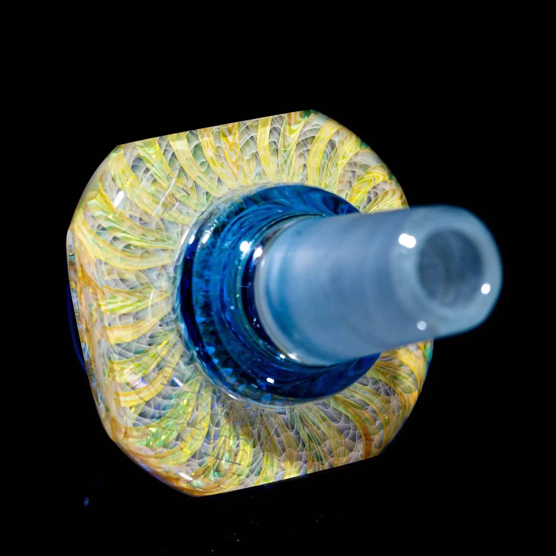 Light cobalt blue 14mm glass slide bowl with intricate yellow and green swirled design
