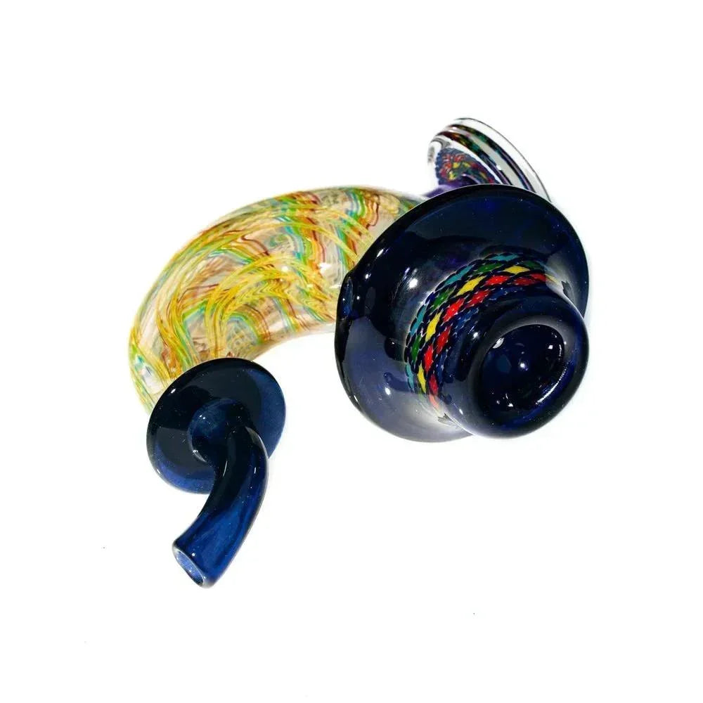 Colorful glass sherlock pipe with blue accents and intricate rainbow pattern on white background