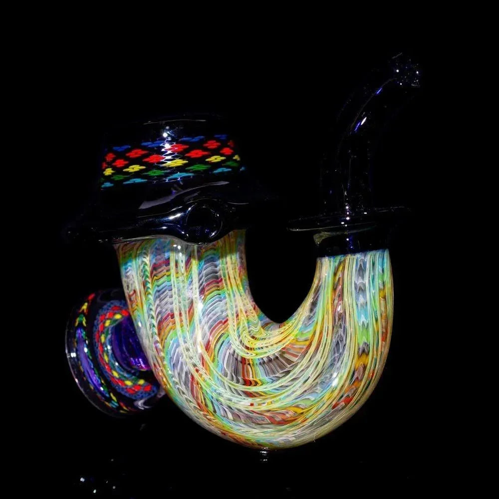Colorful Sherlock glass pipe with intricate swirling patterns and vibrant diamond designs