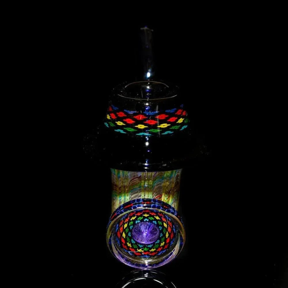 Colorful heady glass Sherlock pipe with intricate rainbow patterns on a black background