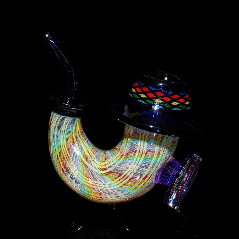 Colorful heady glass Sherlock pipe with intricate linework and dark mouthpiece on black background