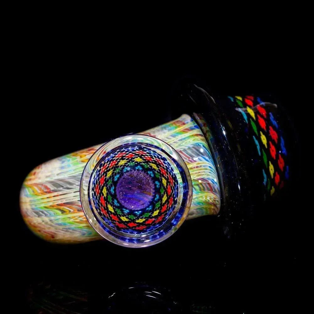 Colorful hand-blown glass Sherlock pipe with intricate rainbow pattern, displayed on black background