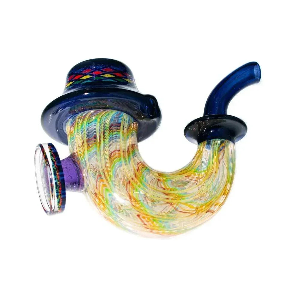 Headie glass Sherlock pipe with rainbow swirl design and blue accents, glass smoking accessory